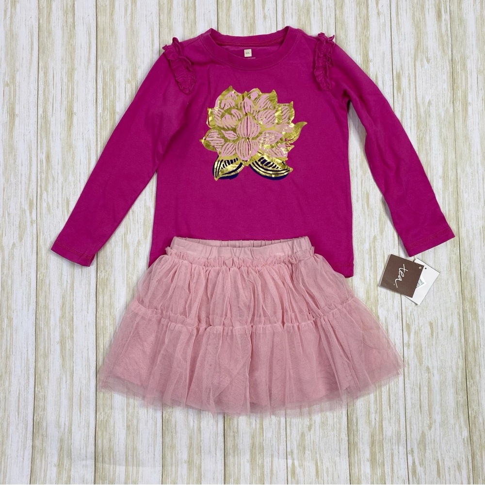 Tea Pink Long Sleeve Lotus Flower Tee and Tutu Skirt